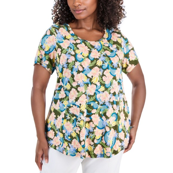 JM Collection Tops - JM Collection Top Womens Plus 2X Avocado Garden Floral Scoop Neck Short Sleeve